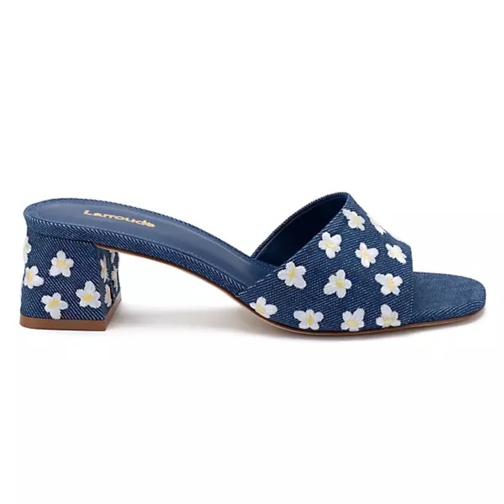 NEW | Larroudé Brigitte Flower-Embroidered Denim Mules - Picture 11 of 13
